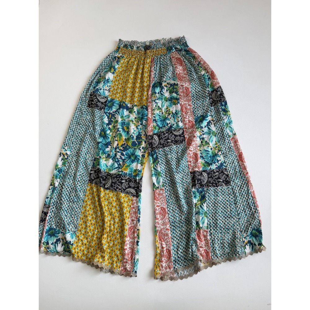 Johnny Was Silk Blend Patchwork Wide Leg Pants L Floral Paisley Boho Palazzo